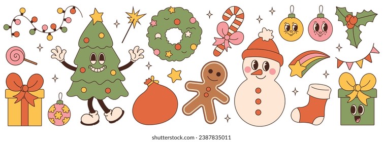 Merry Christmas and Happy New year. Christmas tree, gifts, snowman, gingerbread in trendy retro cartoon style. Sticker pack of cartoon characters and elements