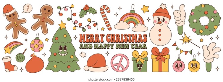 Merry Christmas and Happy New year. Christmas tree, gifts, snowman, gingerbread in trendy retro cartoon style. Sticker pack of cartoon characters and elements