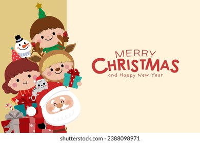 Merry Christmas and happy new year greeting card with Santa Claus, cute kids in xmas tree, deer and red costume. Holiday cartoon character in winter season. -Vector