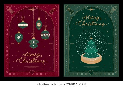 Merry christmas, Happy new year greeting card, holiday cover, banner. Modern Xmas background poster design, Geometric pattern frame. Lettering, Tree, Ball, Snow globe. Trendy vector flat illustration.