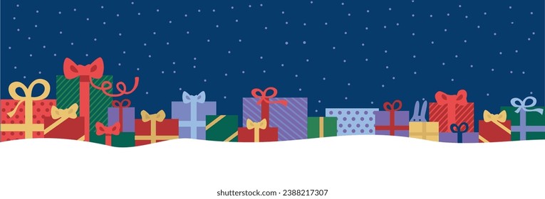 Merry Christmas and Happy New Year background. Colorful gift boxes with bowsin one row over dark blue night background with snow. Holiday banner, web poster, greeting card. flat vector illustration
