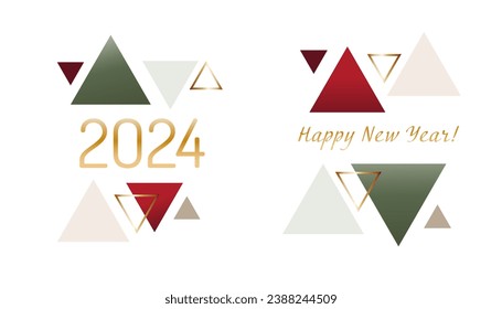 Merry christmas, Happy New Year 2024, abstract geometric print set with red, green and gold triangles, vector