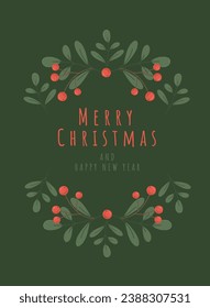 Merry christmas happy new year greeting card happy holidays with viburnum elements in green colors