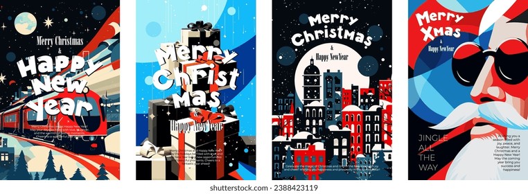 Merry Christmas and Happy New Year poster. Xmas holiday eve abstract banner. Joyful celebration print. Winter modern city, polar express and Santa Claus. Creative art drawing cover vector eps design