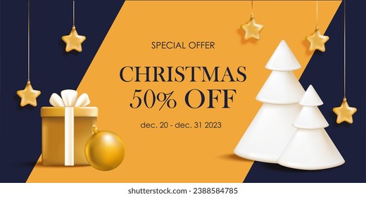 Merry Christmas and Happy New Year festive 3d composition with realistic Christmas trees, baubles, golden confetti, gift box.  Winter holiday sale.