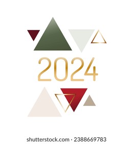 Merry christmas, Happy New Year 2024, abstract geometric print set with red, green and gold triangles, vector