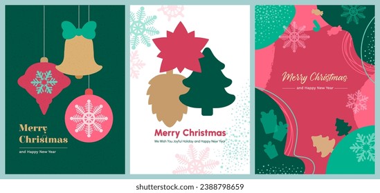 Merry Christmas Happy New Year greeting card set vector illustration. Modern concepts for christmas background, party invitation, gift card, web banner, social media story, corporate marketing promo.