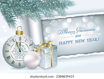 Merry Christmas and Happy New Year background. Gift box, clock and balls under green pine trees. Holiday banner, web poster, greeting card. vector illustration