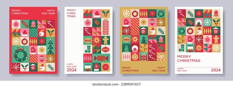 Feliz Navidad y Feliz Año Nuevo conjunto de diseño geométrico abstracto geométrico de tarjetas. Moderno estilo minimalista. Invitación de vacaciones, cartel, afiche, plantilla de portada.