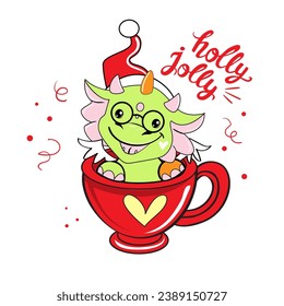 Merry Christmas and Happy New Year card with Little dragon in Santa Clause Hat. Vector illustration Chinese symbol new year