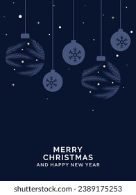 Merry Christmas and Happy New Year Greeting Card Design with Christms Balls on Blue Background. Holidays, Xmas Cover, Banner Template. Vector Illustration