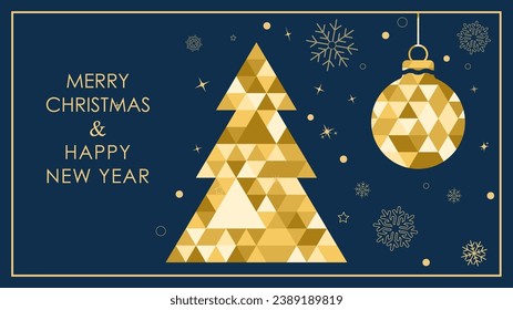 Merry Christmas and happy New Year. Template of a postcard, poster, banner and flyer with a Christmas tree and a festive toy. Minimalistic background for creative design