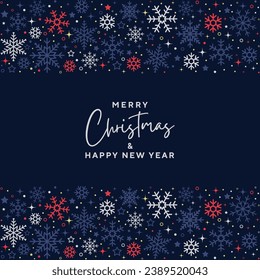 Merry Christmas and Happy New Year Greeting Card Design with Snowflake Border on Blue Background. Holidays, Xmas Cover, Banner Template. Vector Illustration