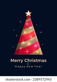 Merry Christmas and Happy New Year card. Christmas tree isolated on black background. Modern minimalist geometric style. Flat vector illustration