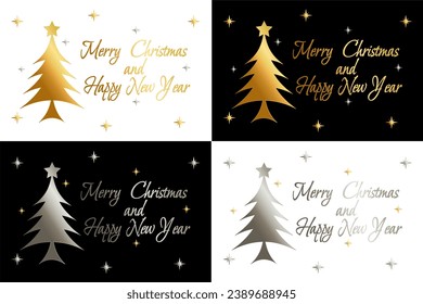 Merry Christmas and Happy New Year. Gold and silver Christmas tree, gold and silver stars. Light and dark background.