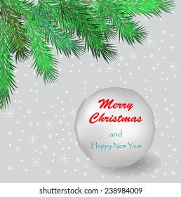 Merry Christmas and Happy New Year background with snowball and snowflakes. Vector illustration.