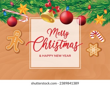 Merry Christmas and Happy New Year greeting card on wooden background with ornaments and spruce branch vector illustration. Merry Christmas inscription in a frame on wooden background with cookies