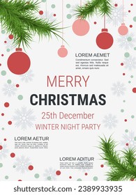 Merry Christmas and Happy New Year minimalistic style vector flyer template. Flat design illustration with winter style elements