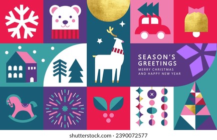 Merry Christmas and Happy New Year vector illustration for banner,greeting cards, posters, holiday cover . Abstract design with Christmas decorative elements. Modern minimalist geometric style.