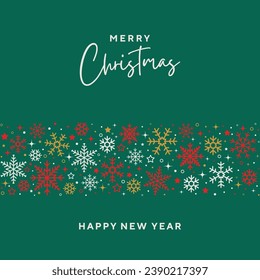 Merry Christmas and Happy New Year Greeting Card Design with Snowflake Border on Green Background. Holidays, Xmas Cover, Banner Template. Vector Illustration