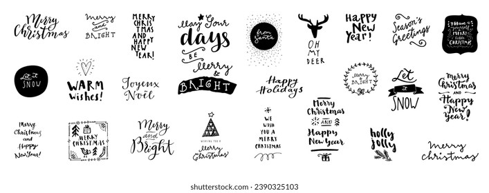 Merry Christmas, Happy New Year, Happy Holidays vector set of hand lettered badges, quotes, emblems. Calligraphy card, gift tag, postcard, poster and T-shirt design Xmas collection. Isolated overlays