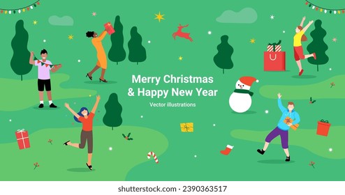 Merry Christmas and Happy New Year People Festival Party and Celebrate Flat Illustration