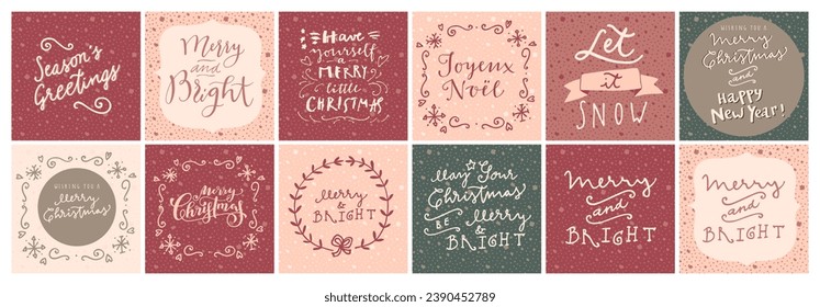 Merry Christmas and Happy New Year vector set of greeting cards. Happy Holidays Christmas vintage winter decoration. Elegant gift tags, cards, postcards. Season's Greetings, Merry and Bright  quotes