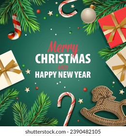 Merry Christmas and Happy New Year poster or banner with gift box, candy stick and holiday elements for Xmas Promotion, vector illustration