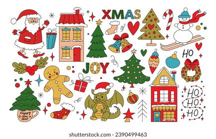 Merry Christmas and Happy New year. Santa Claus, Christmas tree, gifts, gingerbread, dragon, cartoon style. Sticker pack