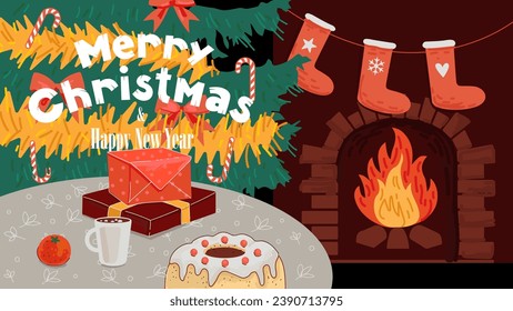 Merry Christmas and Happy New Year banner. Xmas cozy holiday eve. Comfort home interior with fireplace and socks. Gift boxes, cocoa cup and pudding on table. Winter family celebration postcard. Vector
