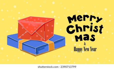Merry Christmas and Happy New Year greeting card. Xmas cozy holiday eve banner. Red and blue gift boxes stack. Celebration present packaging with ribbon. Drawing postcard vector eps illustration