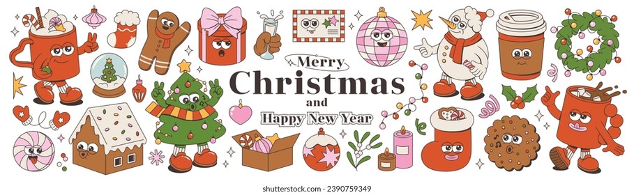 Merry Christmas and Happy New Year collection. Tree, Santa Claus, gingerbread, sweets, wreath, garland, gifts, balls, bell of trendy retro mascot style. Groovy cartoon sticker pack.