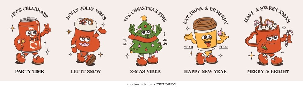 Merry Christmas and Happy New Year designs. Xmas tree, soda, christmas sock, coffee, cocoa with sweets of trendy retro mascot style. Groovy cartoon happy characters with xmas phrases.