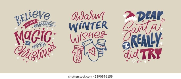 Merry Christmas and happy new year. Seasons greetings. Happy Holidays - cute hand drawn lettering set. Christmas vibes.