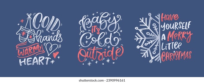 Merry Christmas and happy new year. Seasons greetings. Happy Holidays - cute hand drawn lettering set. Christmas vibes.