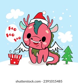 Merry Christmas and Happy New Year card with Little dragon in Santa Clause Hat. Vector illustration of kawaii style. Chinese symbol new year 2024