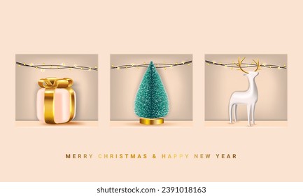 Merry Christmas and Happy New Year. Background shelf stand frame, realistic festive gifts box. Porcelain figurines of beautiful traditional deer. Xmas pine fir lush tree. Holiday composition render 3d