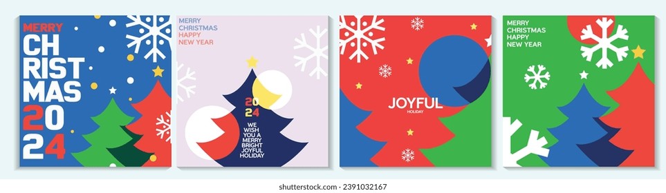 Merry Christmas and Happy New Year abstract poster Set,banner, web design. Trendy Xmas illustration design with typography and overlay elements, snowflakes, Christmas tree. 