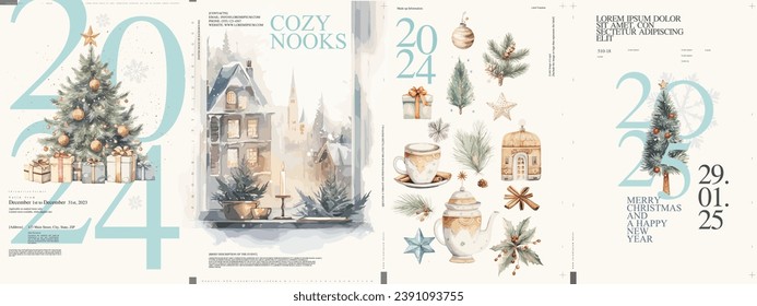 Merry Christmas and happy new year. 2024. Watercolor posters. Cozy Christmas interior. Winter countryside landscape. Typographic poster design and vectorized watercolor objects on background.