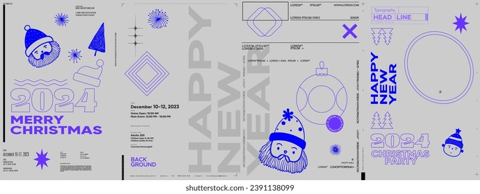 Merry Christmas and Happy New Year! 2024. Modern minimalistic Christmas banner. Vector illustration with elements of typography. Vector geometric objects. Trendy retro style.