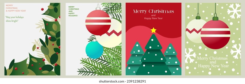 Merry Christmas and Happy New Year abstract poster Set,banner, web design. Trendy Xmas illustration design with typography and overlay elements, snowflakes, Christmas tree.
