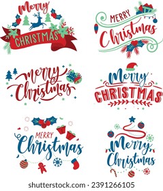 Merry Christmas. Happy New Year, 2023. Typography set. Vector logo, emblems, text design. Usable for banners, greeting cards, gifts etc.	
