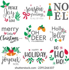 Feliz Navidad. Feliz Año Nuevo, 2023. Conjunto de tipografía. Logo vector, emblemas, diseño de texto. Usable para banners, tarjetas de felicitación, regalos, etc.	
