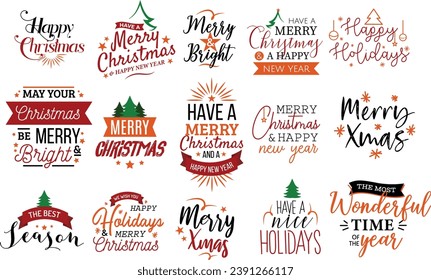 Merry Christmas. Happy New Year, 2023. Typography set. Vector logo, emblems, text design. Usable for banners, greeting cards, gifts etc.	
