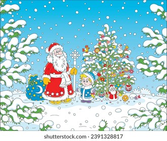 Merry Christmas and happy New Year card with Santa Claus and his little granddaughter, a gift bag, a magical staff and a decorated fir tree, vector cartoon illustration