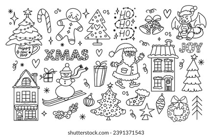 Merry Christmas and Happy New year doodle set. Santa Claus, Christmas tree, gifts, gingerbread, dragon.