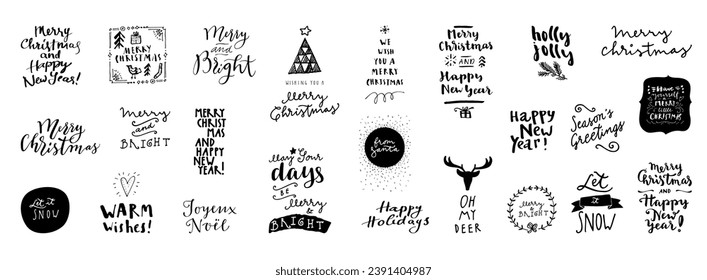 Merry Christmas, Happy New Year, Happy Holidays vector set of hand lettered badges, quotes, emblems. Calligraphy card, gift tag, postcard, poster and T-shirt design Xmas collection. Isolated overlays