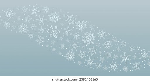 Merry Christmas and happy new year horizontal banner with snowflakes of different shapes and sizes. Design for greeting card. Snow flake border, banner, or wallpaper vector illustration