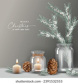 Merry Christmas and Happy New Year banner. Christmas composition of burning candle in a clear glass jar and the branches of the Christmas tree