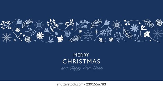 Merry Christmas and Happy New Year card. Christmas card in minimalist style. Postcard with Christmas tree branches, berries, flowers, snowflakes and stars. Christmas card in flat style, in vector.